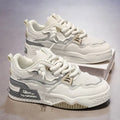 Men's low top board shoes in white and yellow, white and black, and beige colour combinations with rubber soles