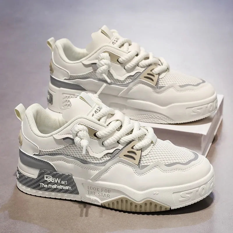 Men's low top board shoes in white and yellow, white and black, and beige colour combinations with rubber soles