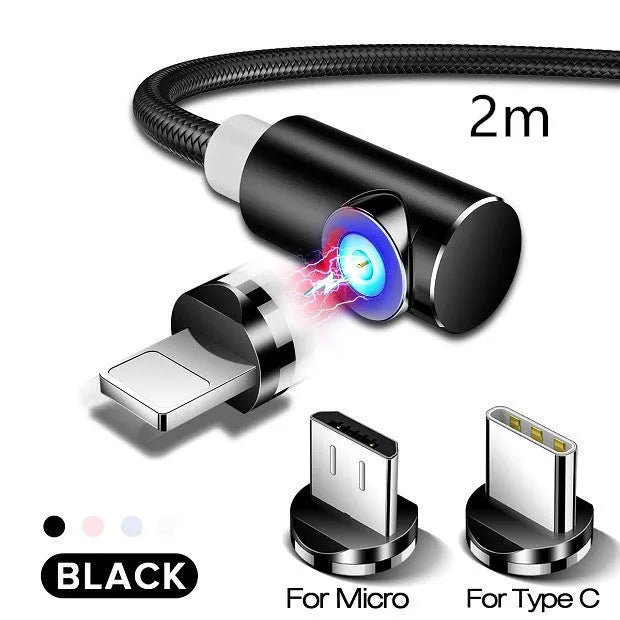 Black magnetic charging cable with aluminium alloy connectors and Micro USB, Type C, and Apple compatible magnetic tips.
