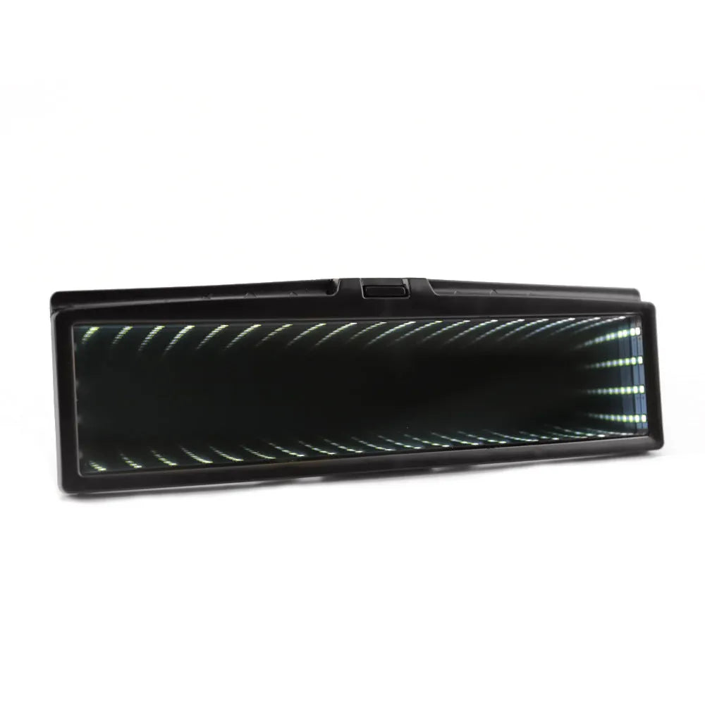 Blue plastic car rearview mirror with illuminated lighting and a wide, flat reflective surface.