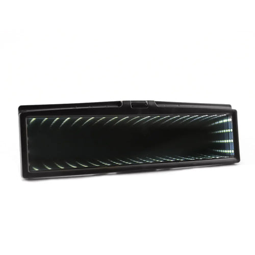 Blue plastic car rearview mirror with illuminated lighting and a wide, flat reflective surface.