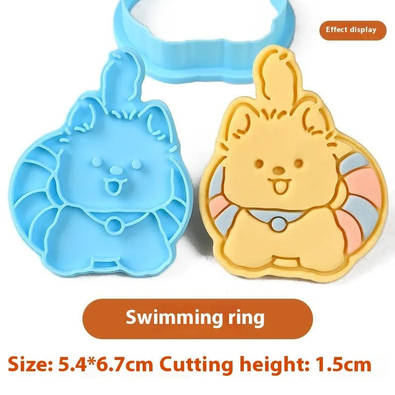 3D plastic biscuit mould with cartoon dog shapes including puppy head and birthday hat