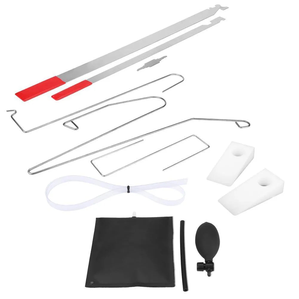 Nine-piece automotive emergency tool set showing air pump wedge, plastic wedges, hook tools and crowbars