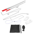 Nine-piece automotive emergency tool set showing air pump wedge, plastic wedges, hook tools and crowbars