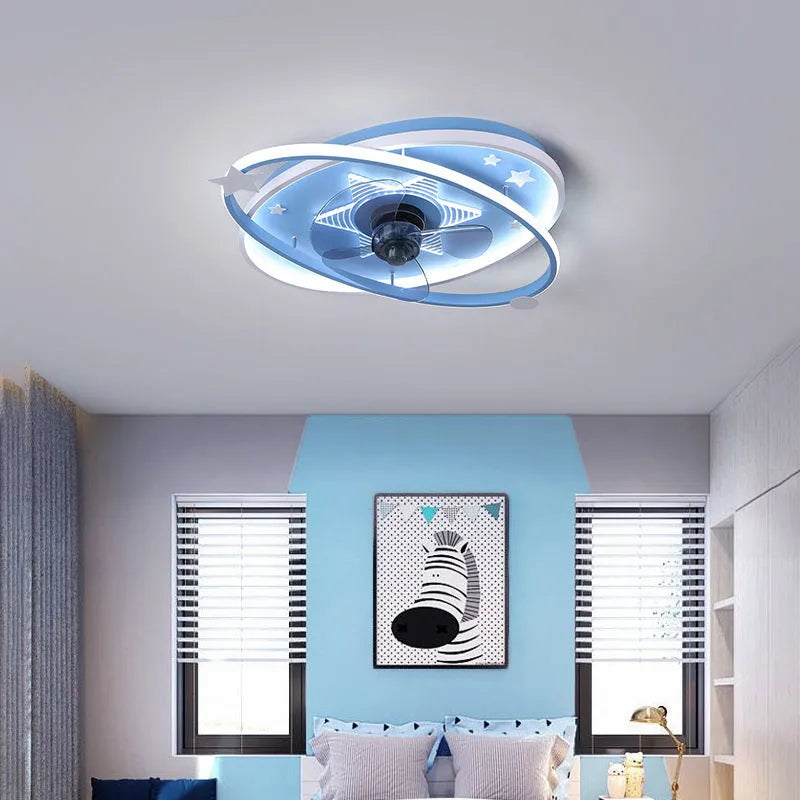 Blue modern children's bedroom ceiling fan light with acrylic shade and remote control