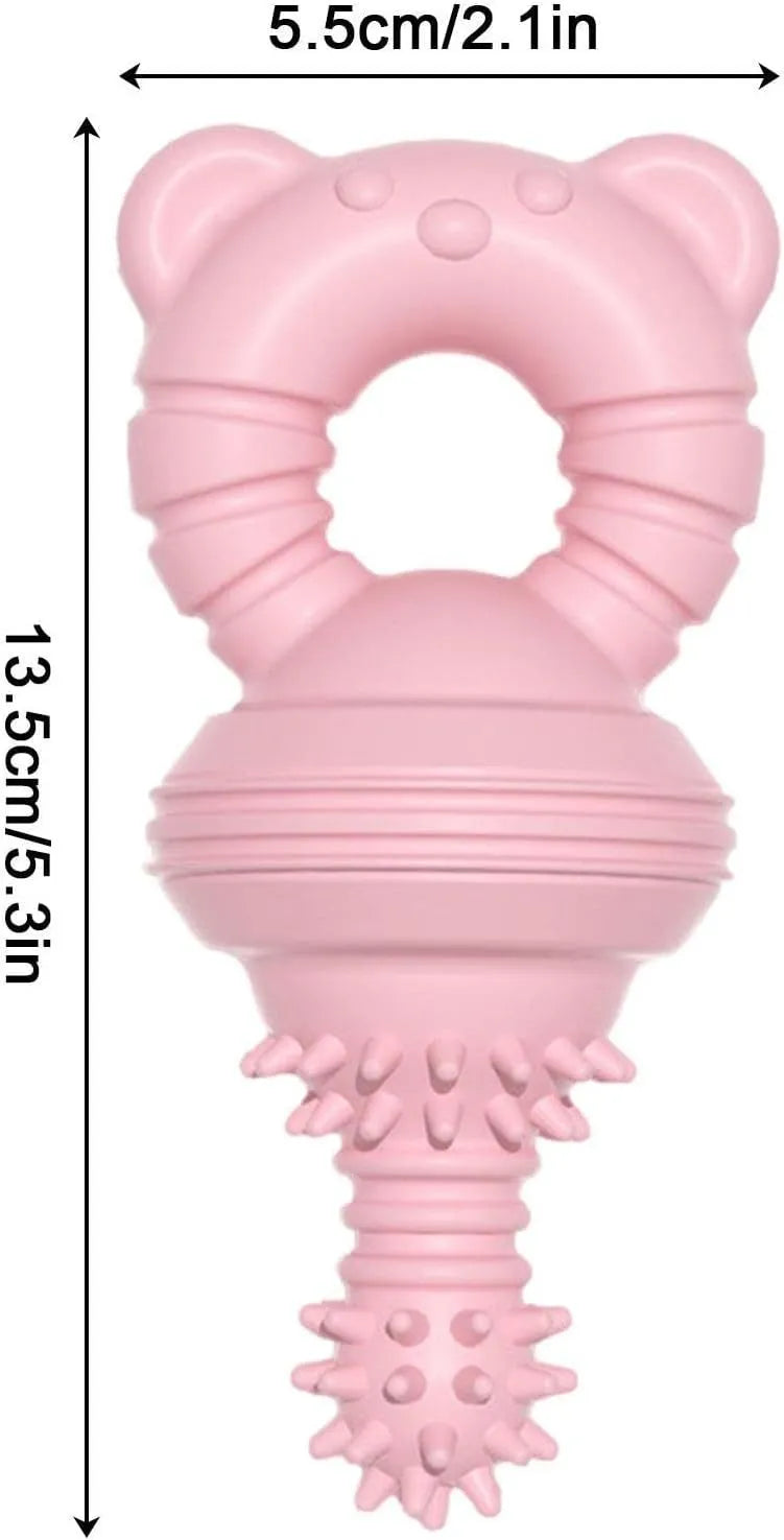 Blue rubber dog chew toy with textured surface and internal bell, shown next to a tape measure indicating 13.5 cm length.