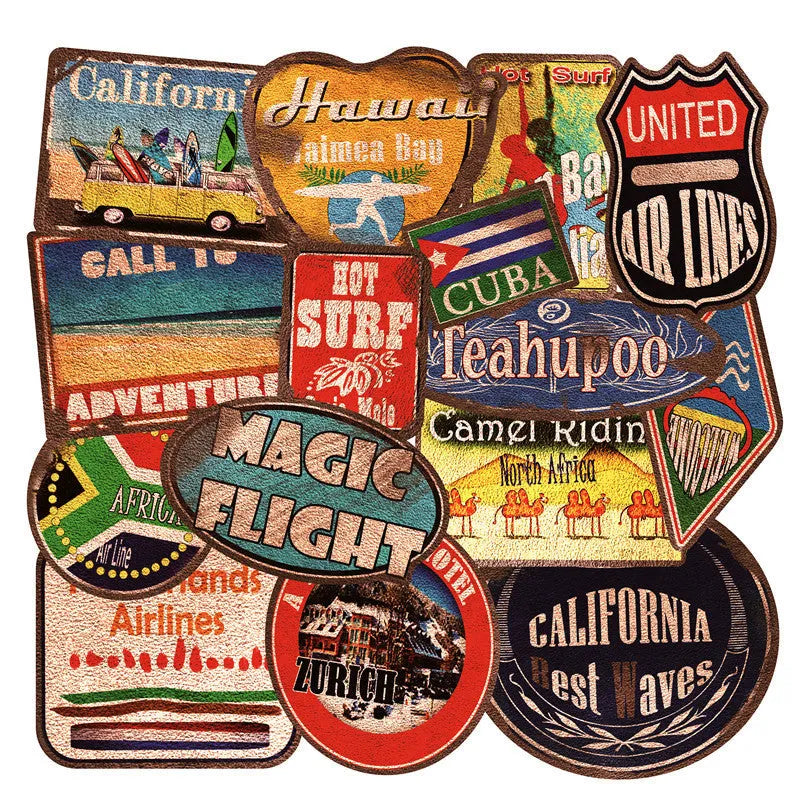 Set of 36 retro-themed beach and surfing stickers with matte finish, sizes ranging from 6 to 10 centimetres.