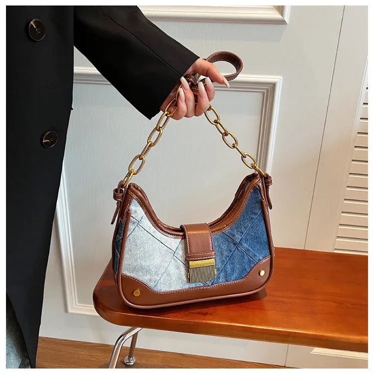 Brown soft denim women's bucket shoulder bag with diamond mesh panels and chain strap