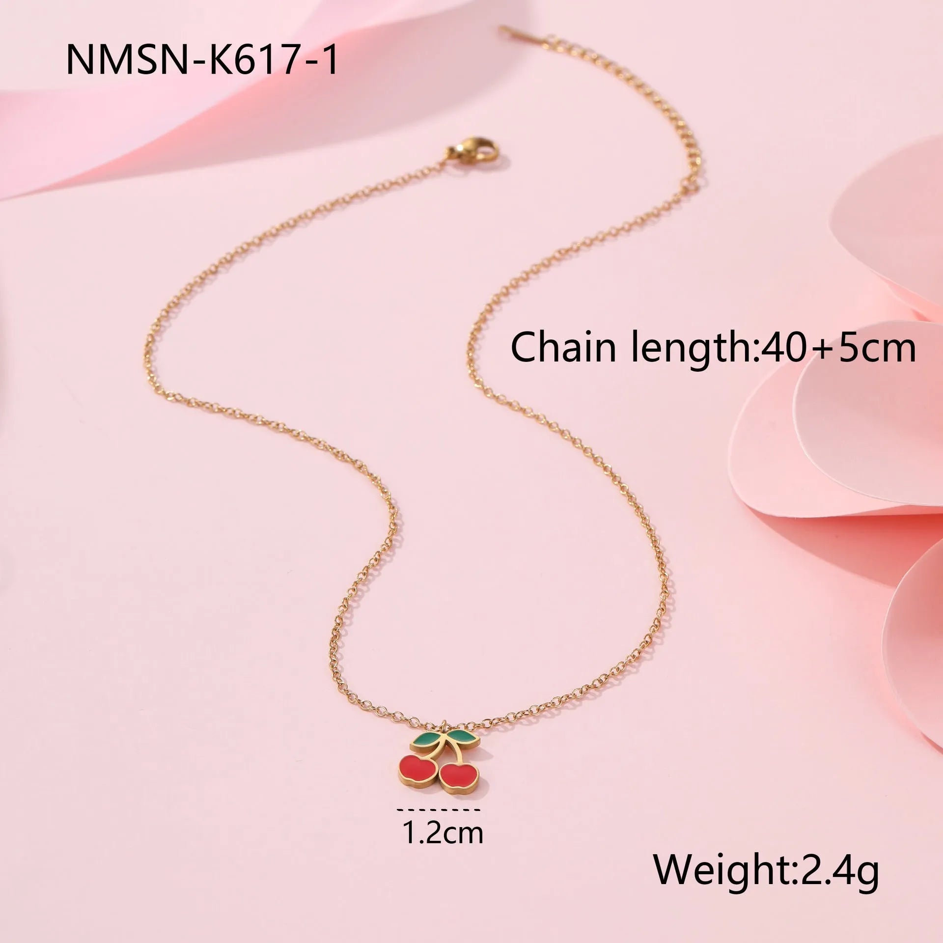 Complete cherry jewellery set showing stainless steel necklace, bracelet, earrings and ring with 18K electroplated finish
