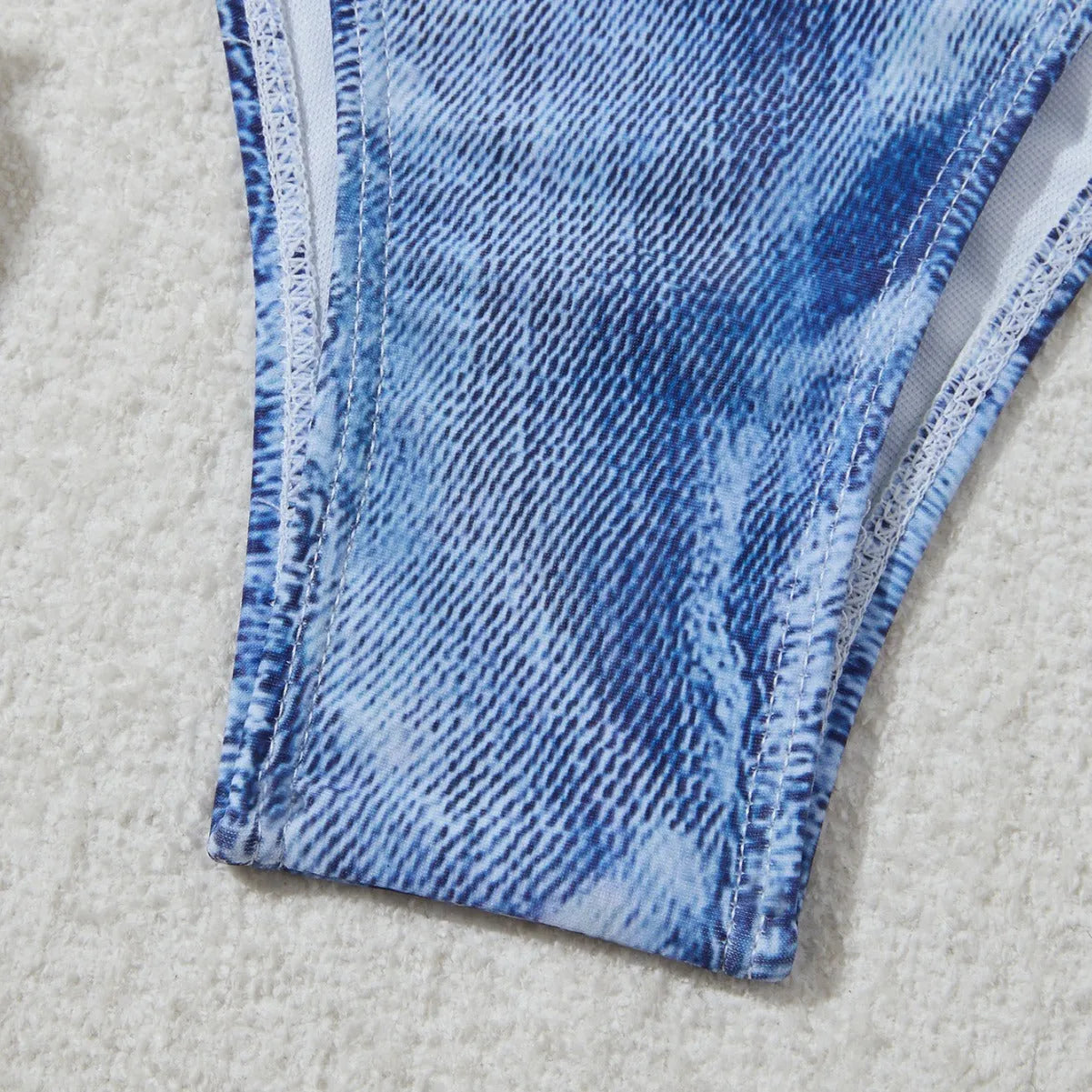 Women's denim blue printed bikini set with adjustable straps, front view