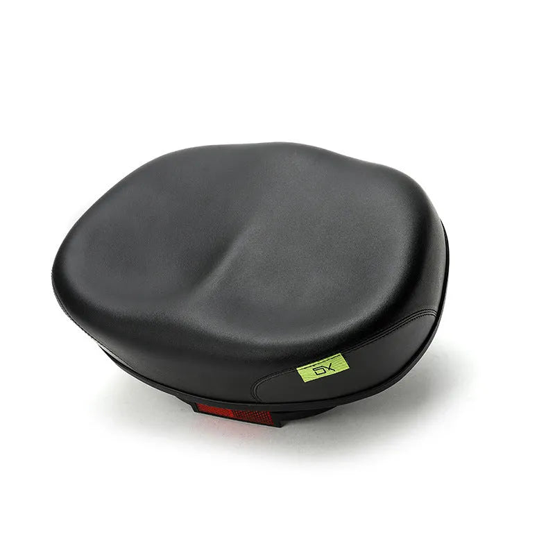Large red bicycle saddle with reflective stickers, showing thickened design and shock absorber.