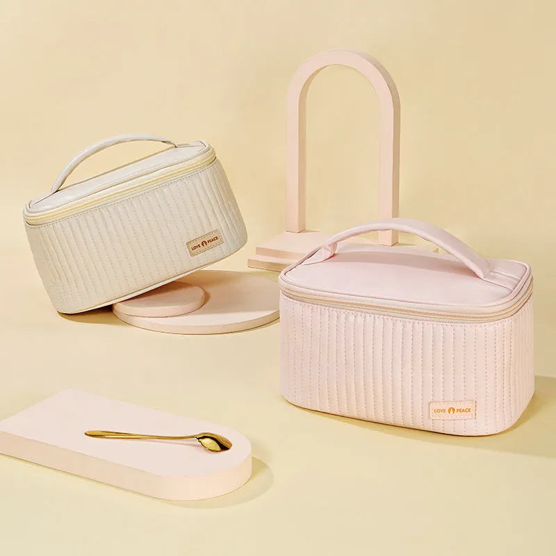 Open-top cake-shaped makeup bag with transparent window in six colour options