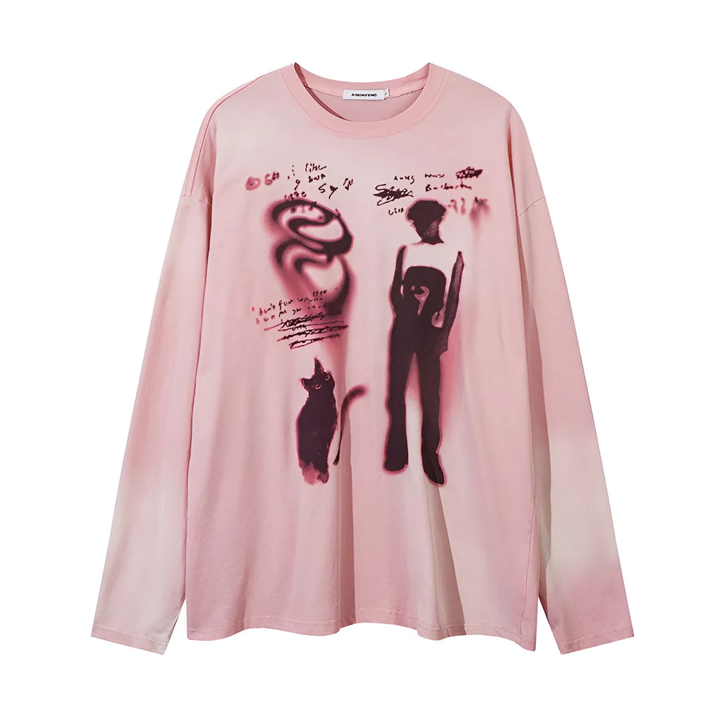 Women's loose fit cotton top with letter pattern and drop shoulder sleeves in dark grey