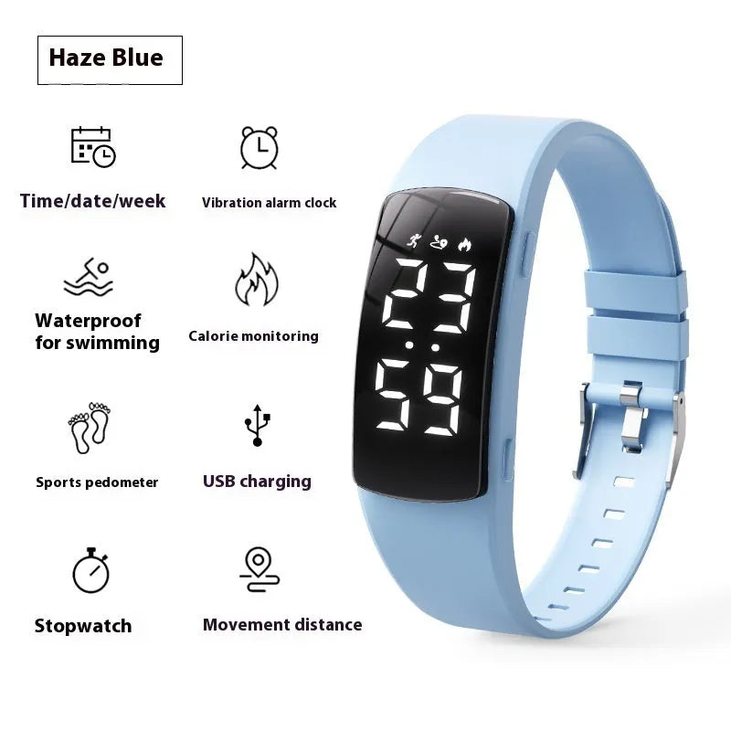 Vibration alarm smart watch with LED display on a silicone strap, shown in a choice of colours.