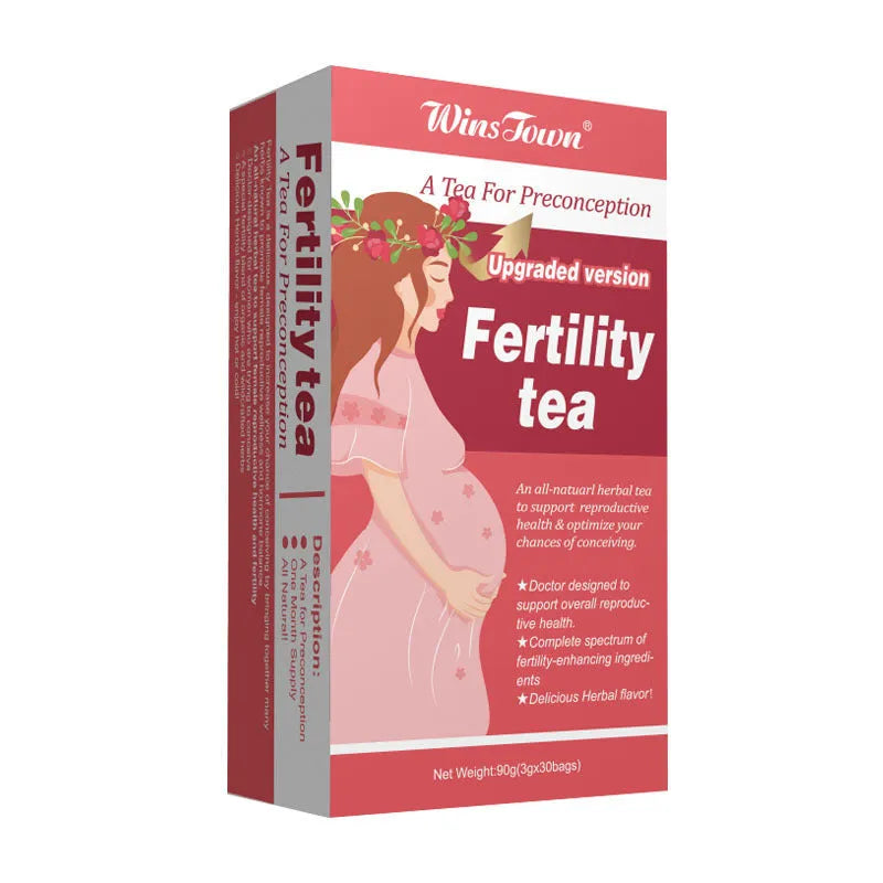 Three boxes of fertility health tea, each containing 30 individual tea bags for herbal supplementation.