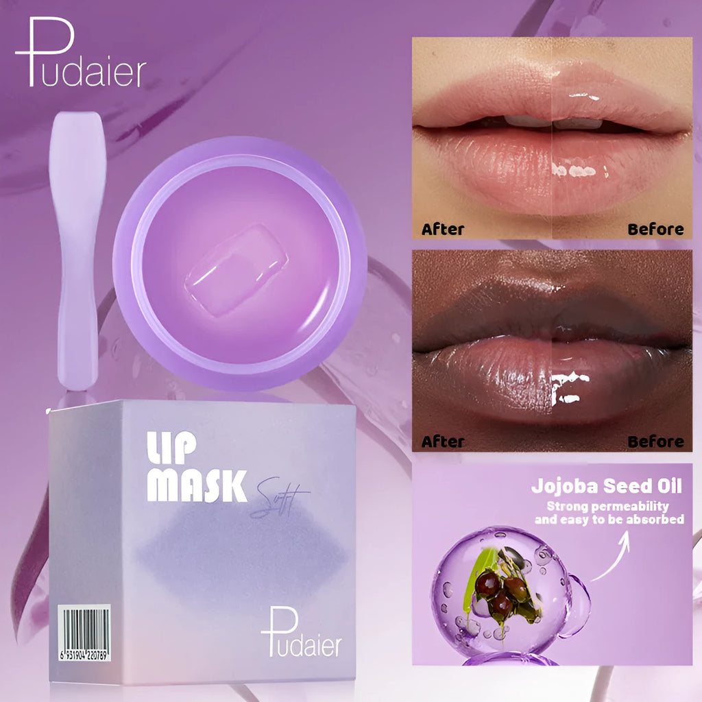 Box containing a lip balm pot, exfoliating lip film, and a plastic scraper tool for lip care.