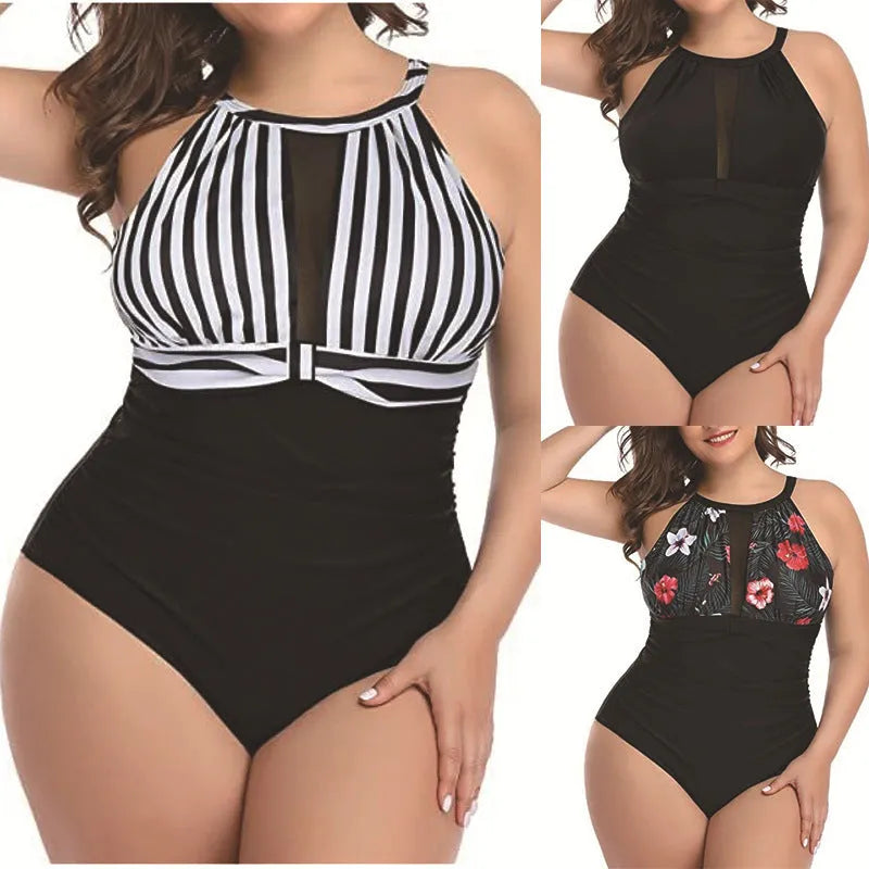 Women's solid colour polyester one-piece swimsuit with lace detailing in black colour