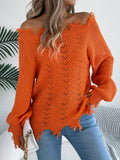 Hollow-out cut-off-the-shoulder pullover sweater in artificial wool acrylic fibre, available in white, orange, and black colours
