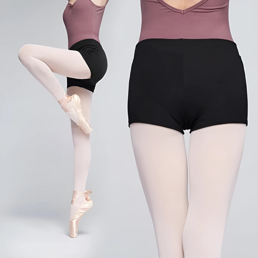 Women's solid black cotton ballet practice shorts for dance exercise with Asian sizing options