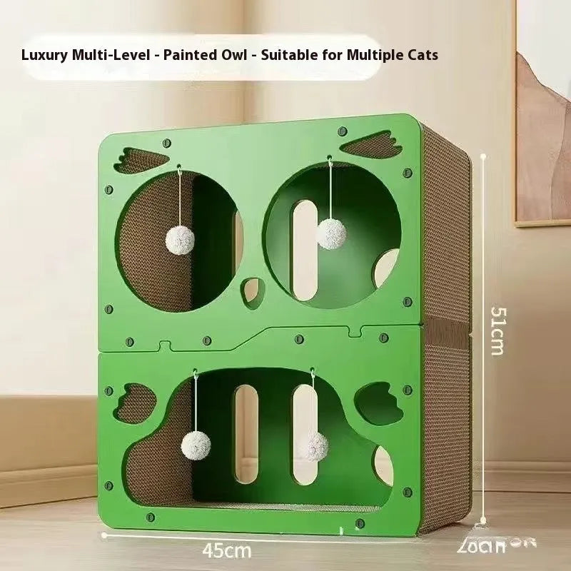 Double layer cat scratching board with integrated nest in cute owl, cat head, or double door designs