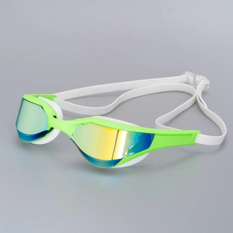 Anti-fog swimming goggles with polycarbonate lenses shown with large and small nose bridges in a plastic mirror box.