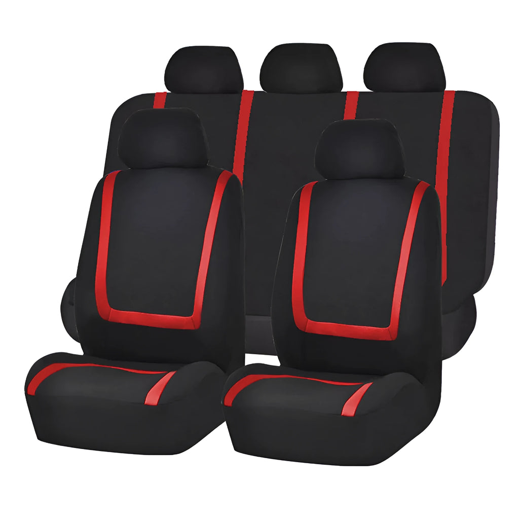 Fully enclosed universal car seat cover set in fabric material, showing headrest and seat panels.