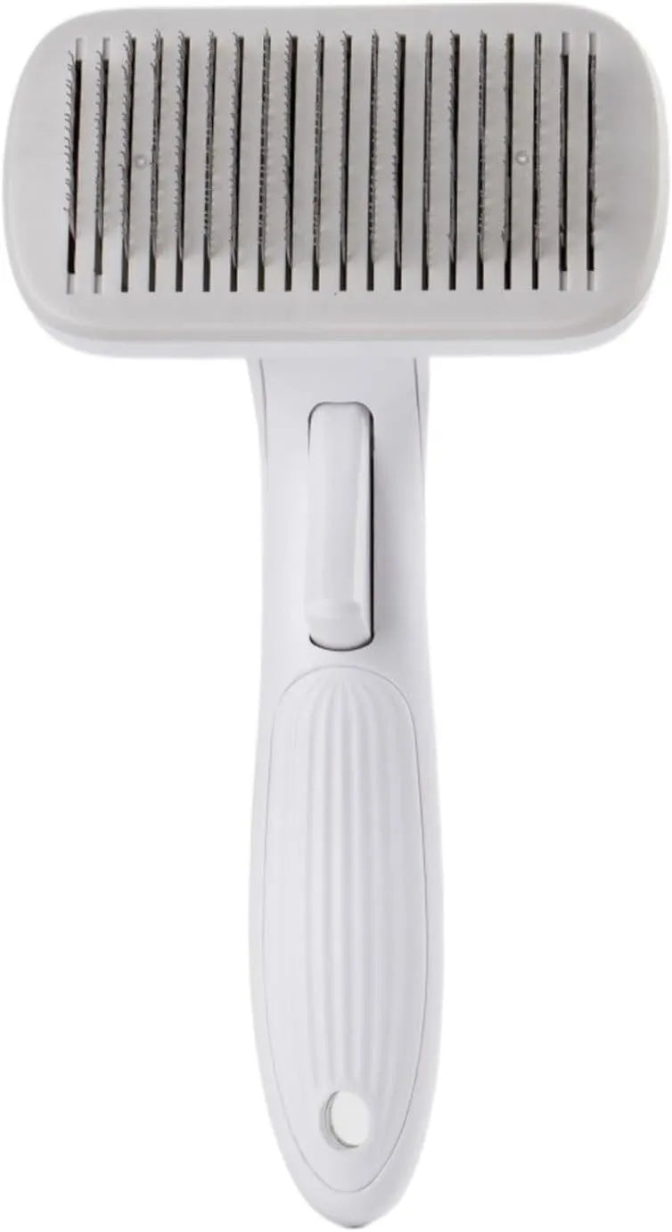 Automatic pet hair removal comb for dogs and cats in blue, grey, green, or pink colour.
