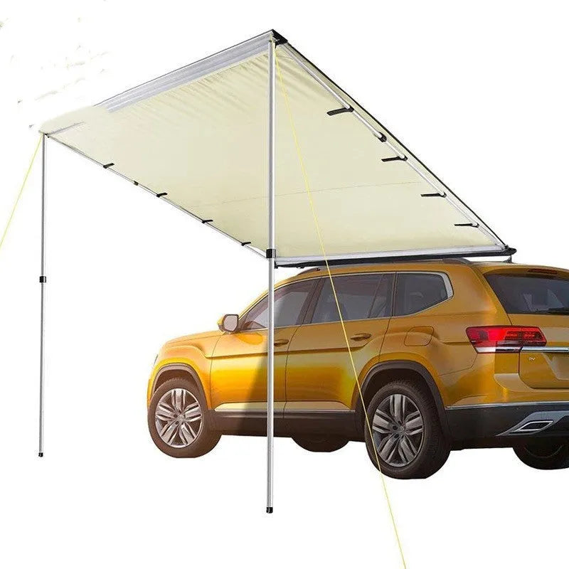 Camping tent sunshade with aluminium poles and camouflage or black glue style, set up outdoors.