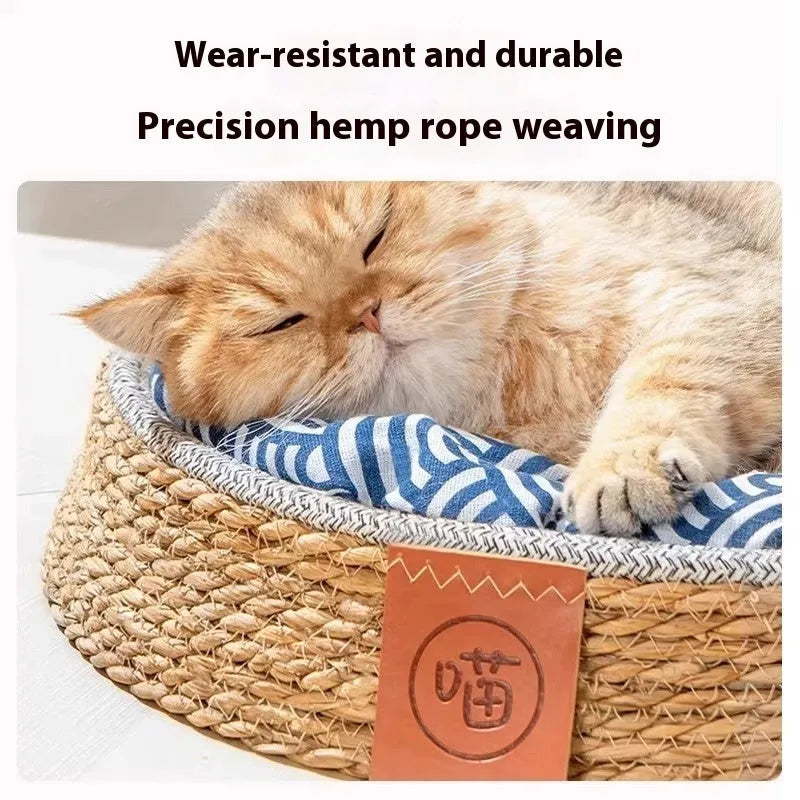 Rattan woven cat bed or nest for pets, shown in available sizes S, M, L, XL
