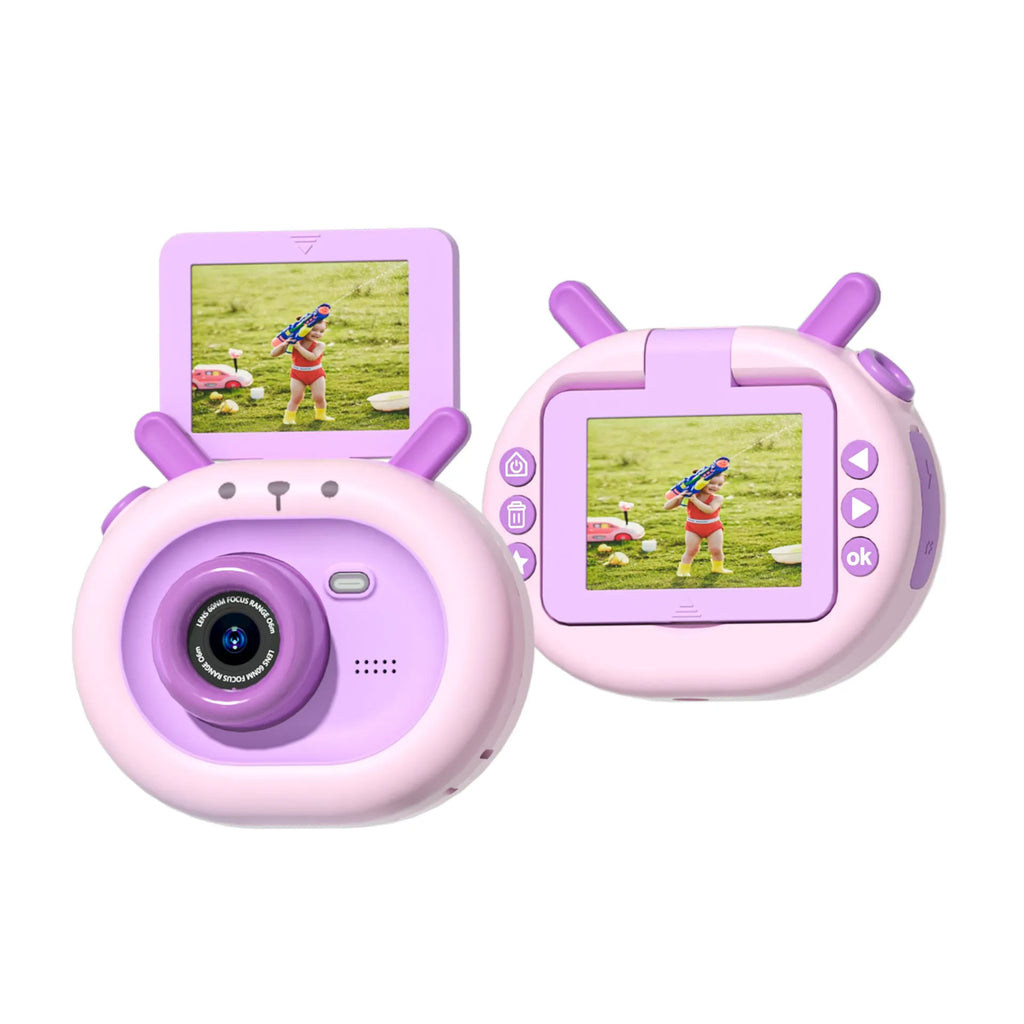 Purple children's digital camera with flip screen and silicone lanyard