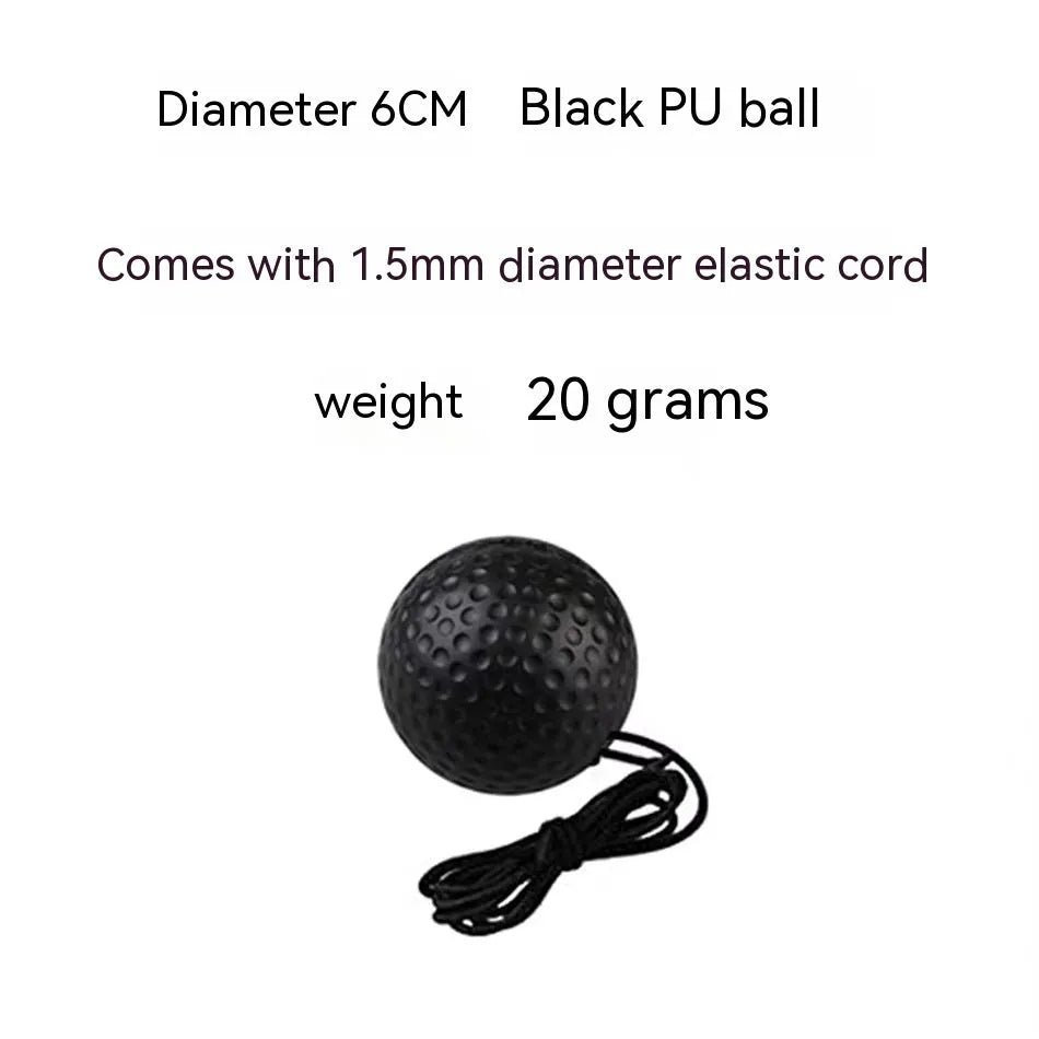 Head-mounted boxing reaction training ball with knitted and rubber adjustable headbands, shown with red, green, and yellow PU balls.