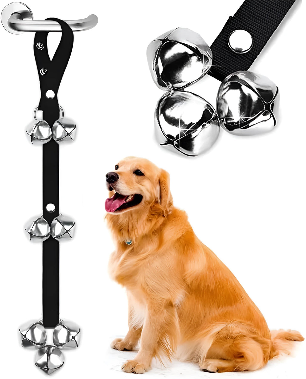 Adjustable dog training doorbell with seven silver metal bells on a heavy-duty nylon strap