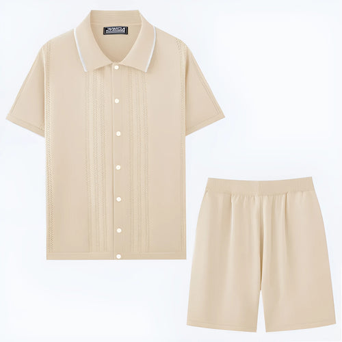 Business casual sweater two-piece set with short sleeves and shorts in Tencel viscose knit fabric