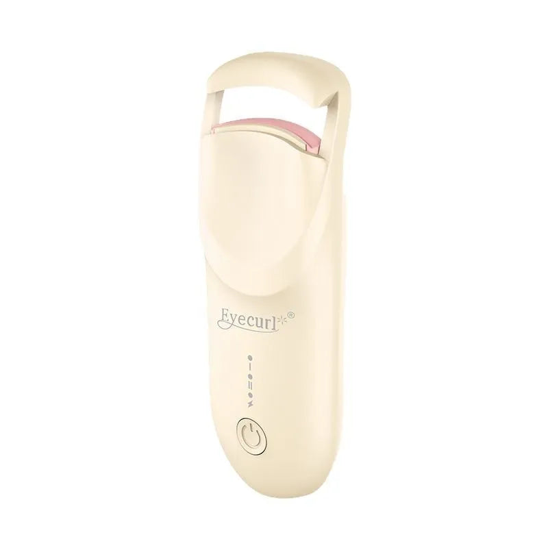 Plastic electric heating eyelash curler with USB cable in cream white, pink, or apricot.