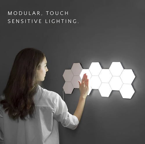 Modular hexagonal touch wall lamp units in honeycomb arrangement with LED lighting