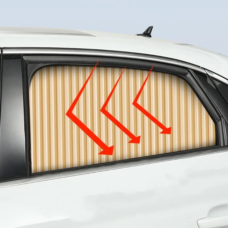 Retractable car sun curtain in thick opaque cloth with roller shutter mechanism