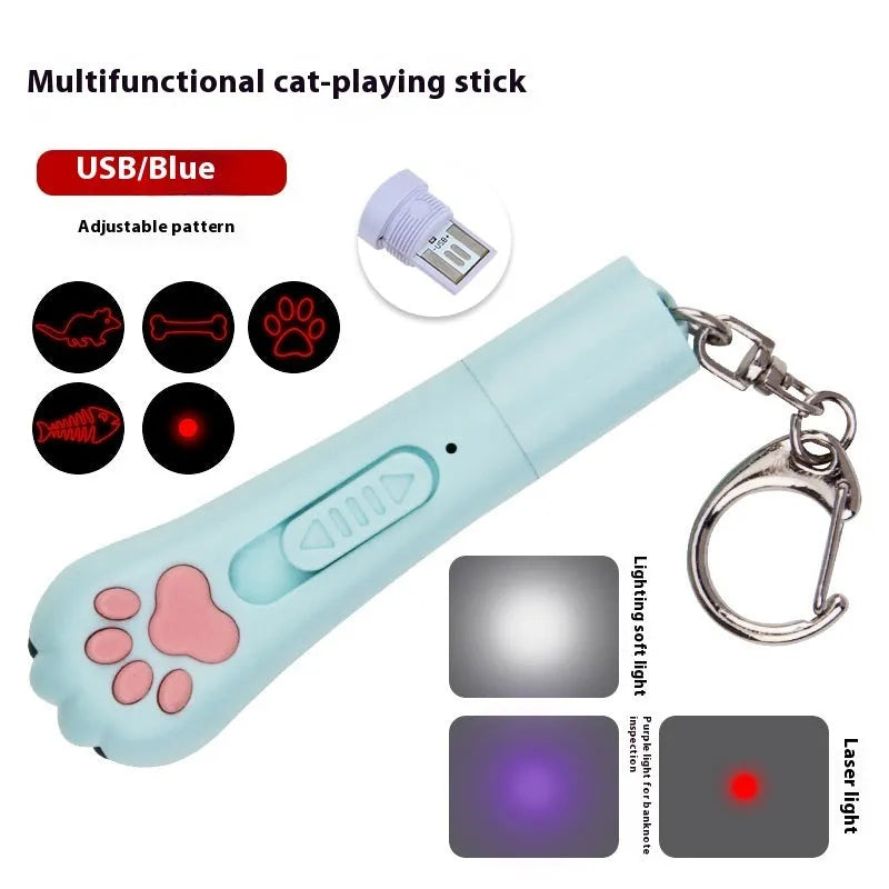Infrared cat teasing stick with laser patterns, moon-light lamp and pet footprints design in plastic