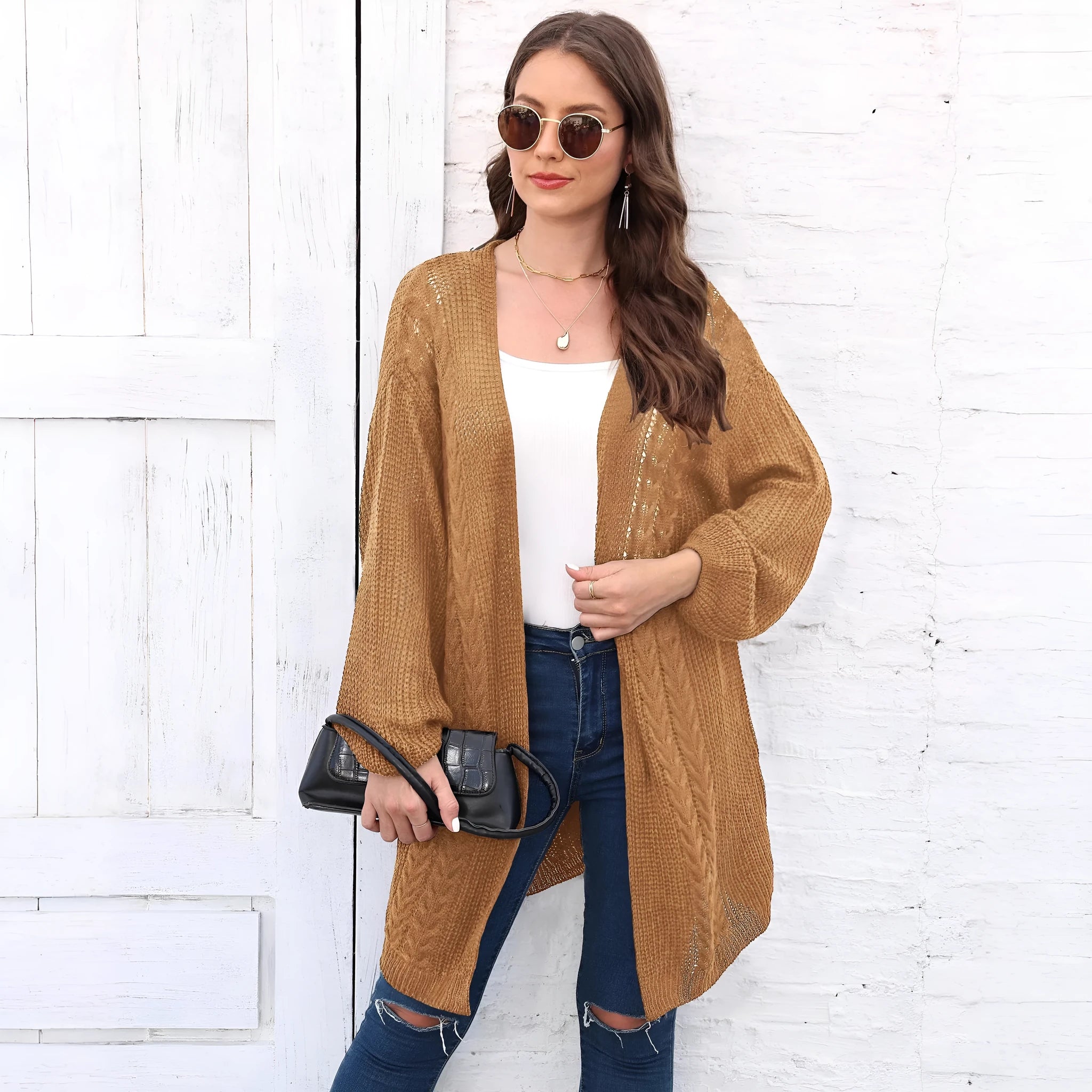 Women's loose acrylic cardigan in free size, shown in solid colour options including army green, black, brown, light grey, and rose red.