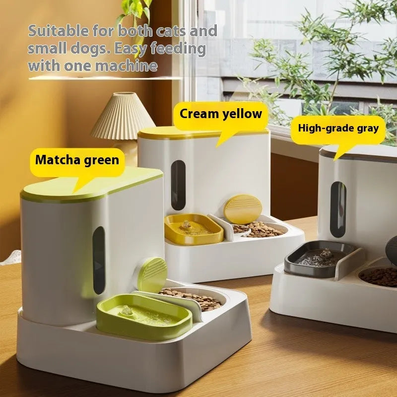 Grey automatic cat feeder and water dispenser station with integrated double bowls on a wooden floor.