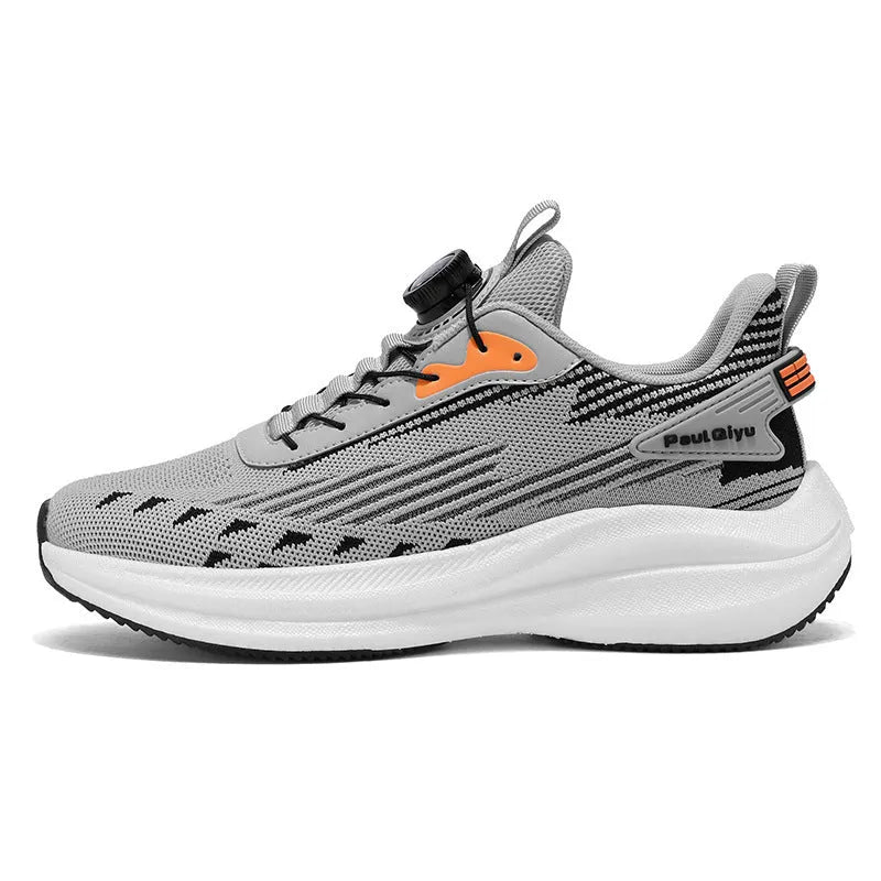Men's casual sports running shoes with rotating buckle and Fly-kit mesh upper in white green colour