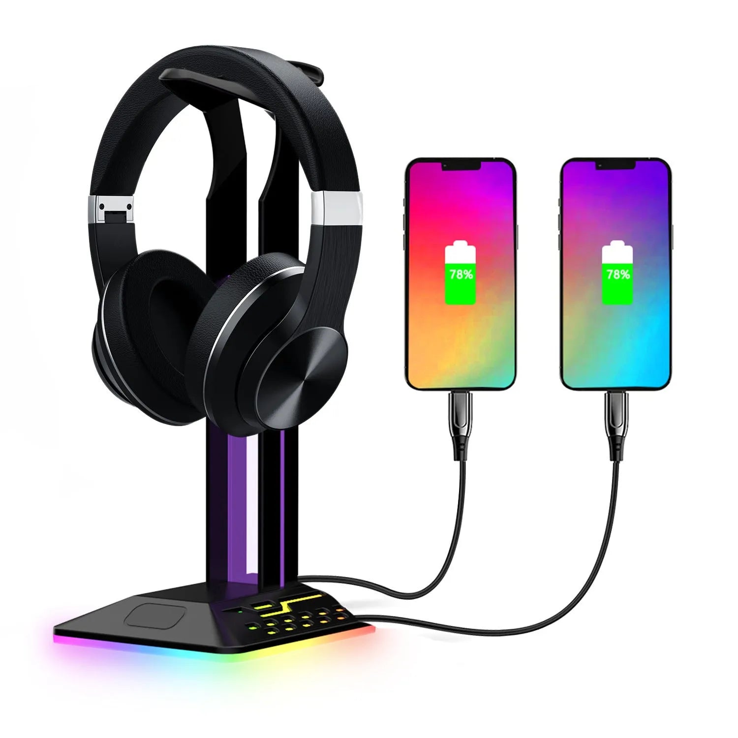 RGB colour changing headphone display stand with dual USB ports on a desk