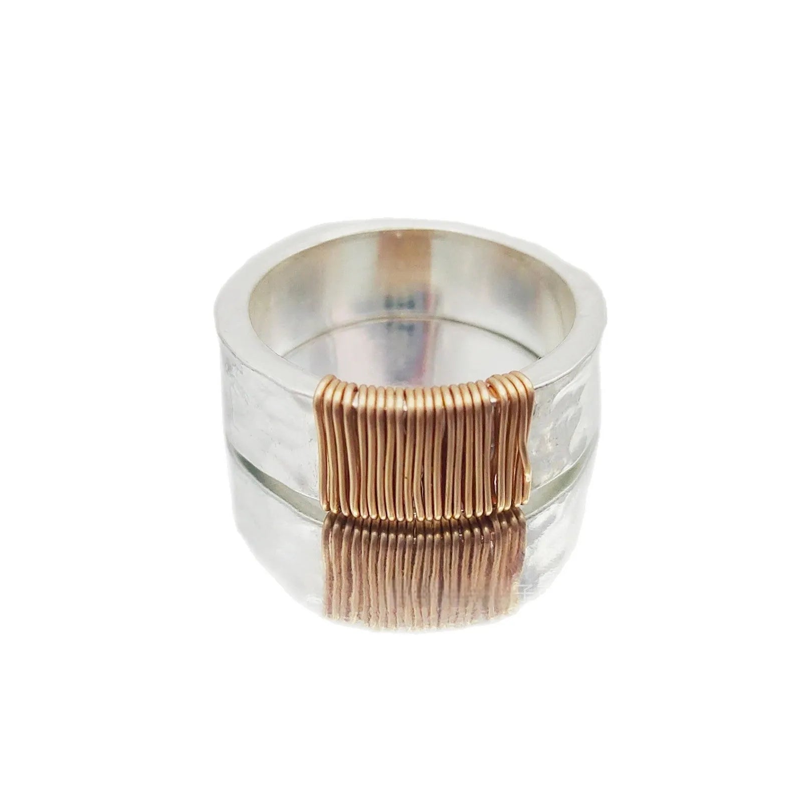 Geometric wide face copper bracelet with irregular coil design in silver golden colour