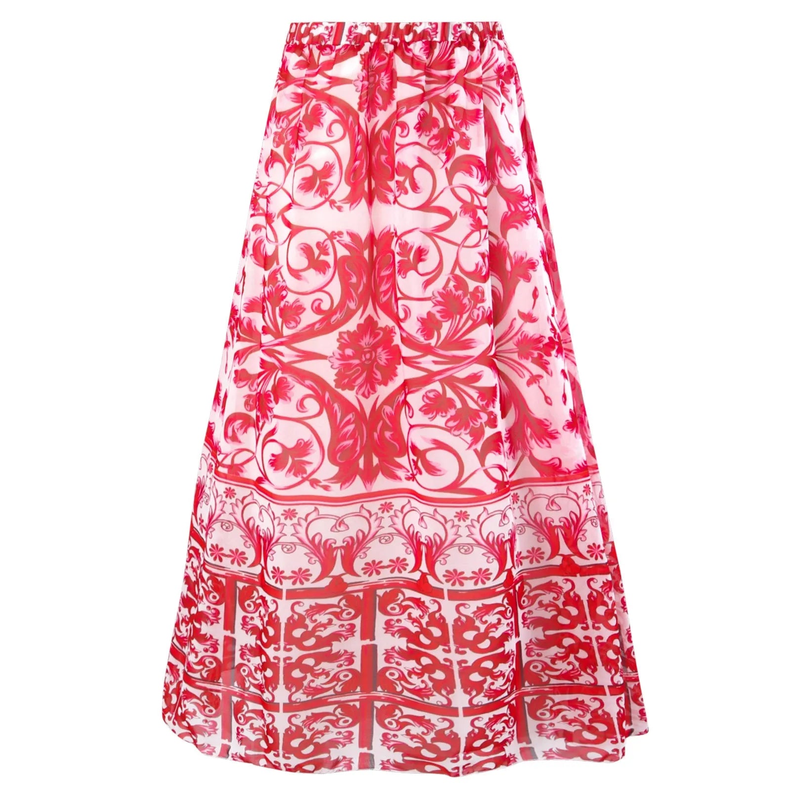 Women's one-piece polyester swimsuit in printed rose pink or blue with optional skirt design
