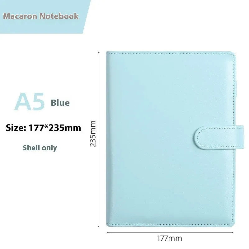 A5 PU leather zippered notebook shell in multiple solid colours including pink, blue, and black.