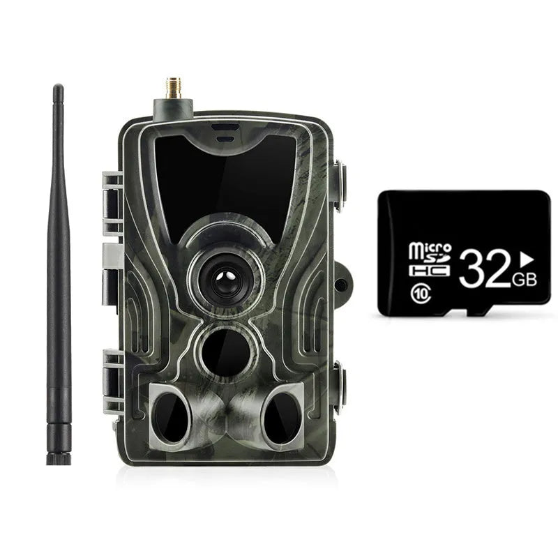 Outdoor waterproof surveillance camera with camouflage finish and wide-angle lens.