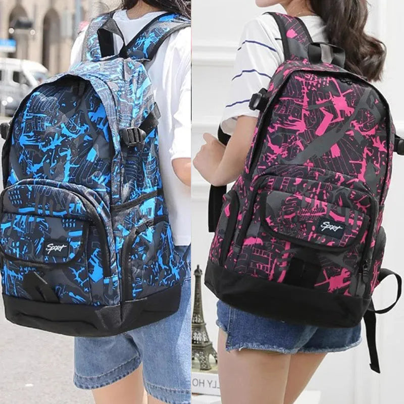 Classic blue nylon backpack with large capacity for travel and school use