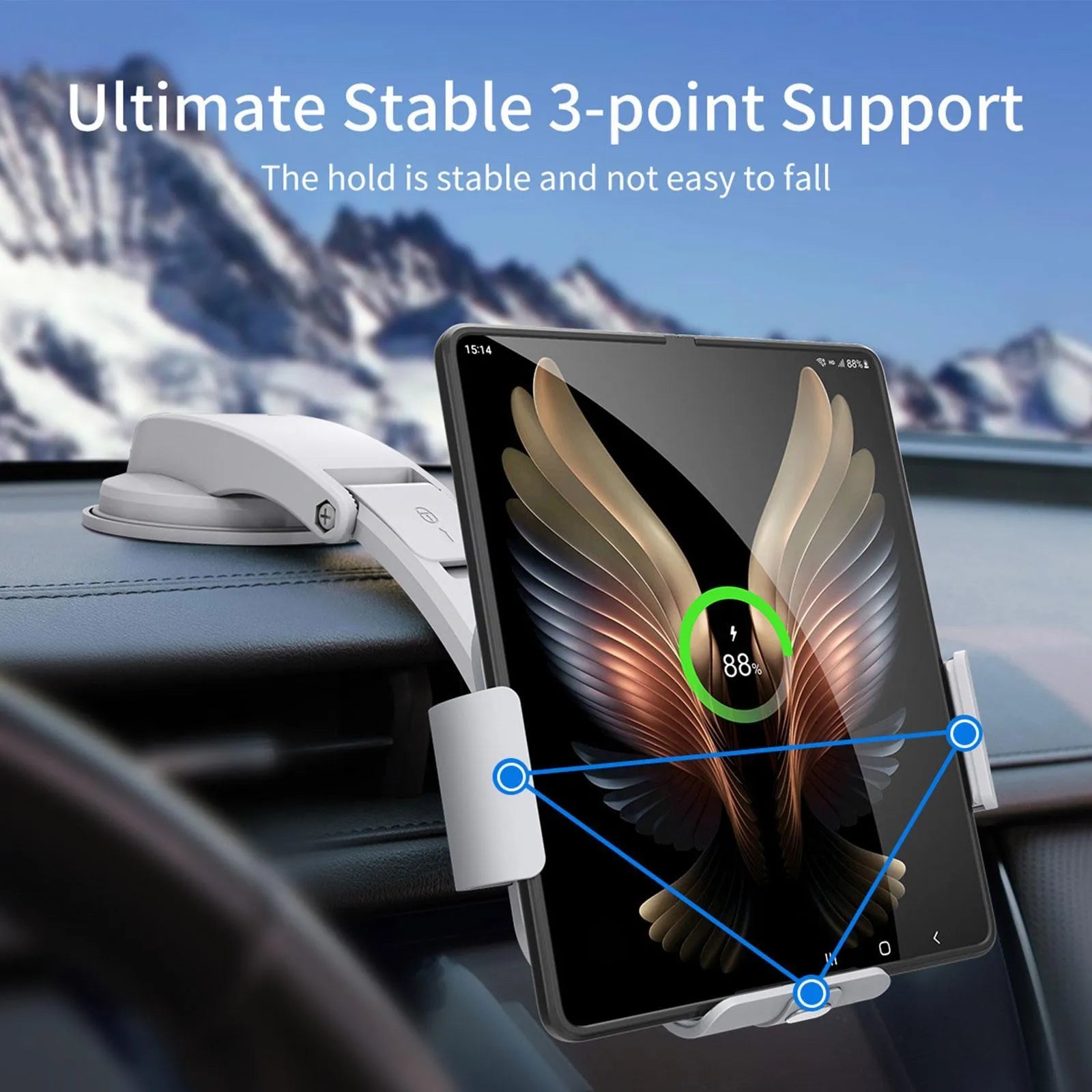 Grey and white car wireless charging phone bracket with folding screen, air vent clip, and suction cup mount.