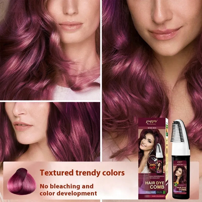 Hair dye bottle with application comb in wine red, dark brown and brown colour options