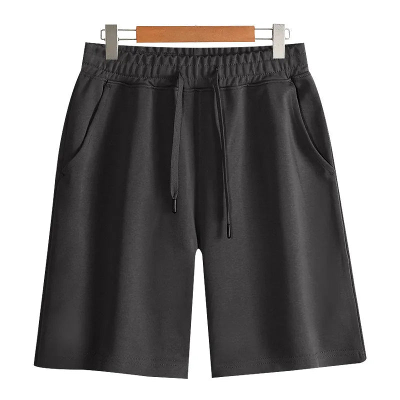 Men's straight-leg cotton summer shorts in light grey, showing fifth length and casual fit.