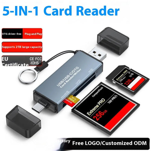 Compact aluminium alloy CF SD TF three-in-one USB card reader showing USB and Type-C connectors